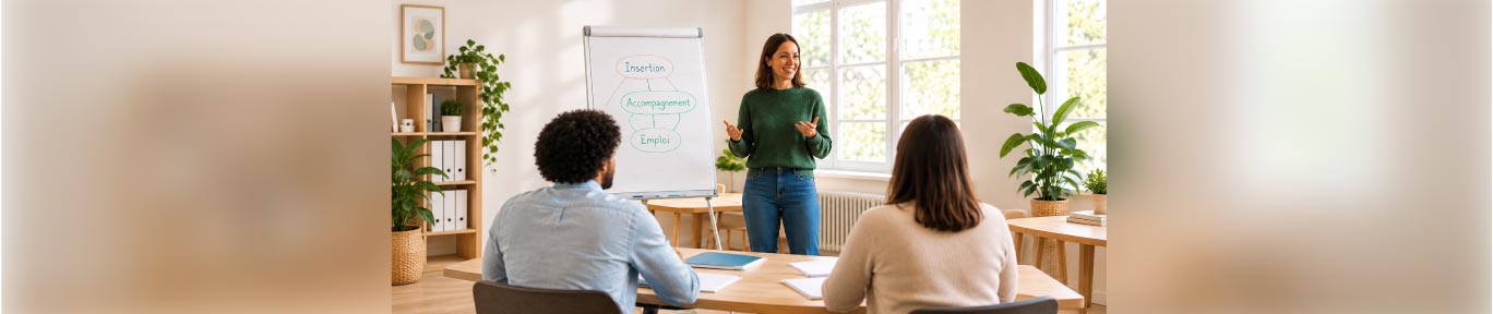 Une formatrice accompagne des participants en formation