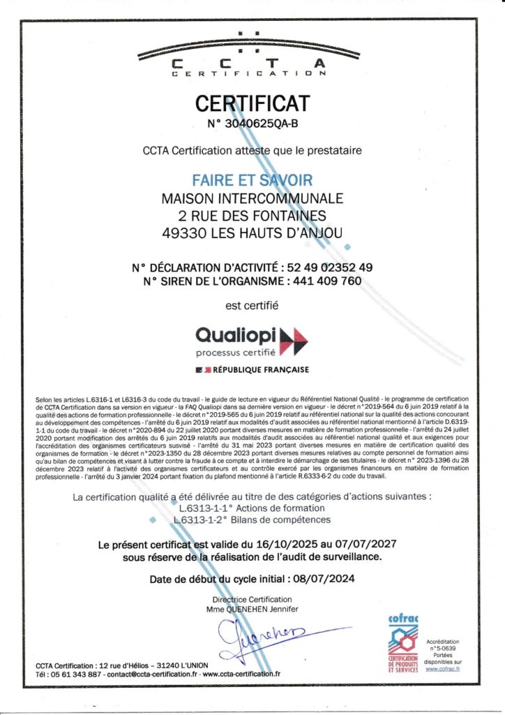 Copie du certificat Qualiopi de Faire et Savoir. Le document complet est accessible par le lien PDF.